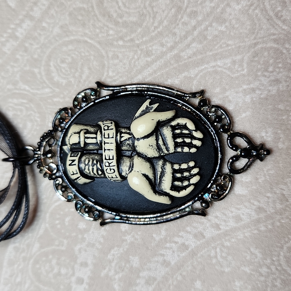 Tattoo look cameo, hands ribbon necklace Black Cream Silver Wednesday Halloween